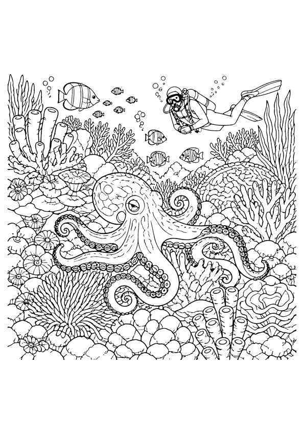 Ein kleiner Oktopus in einem lebhaften Korallenriff mit einem Taucher im Hintergrund.