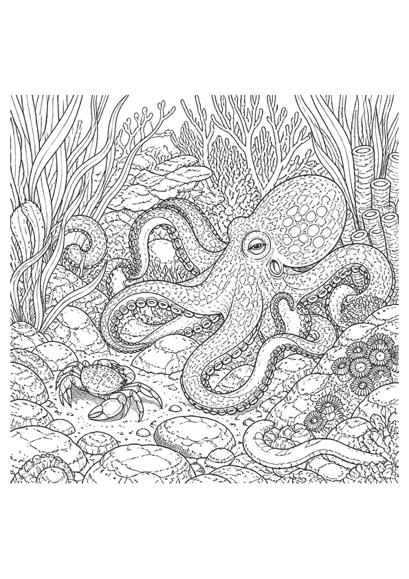 A small octopus with eight tentacles is hunting on the ocean floor.