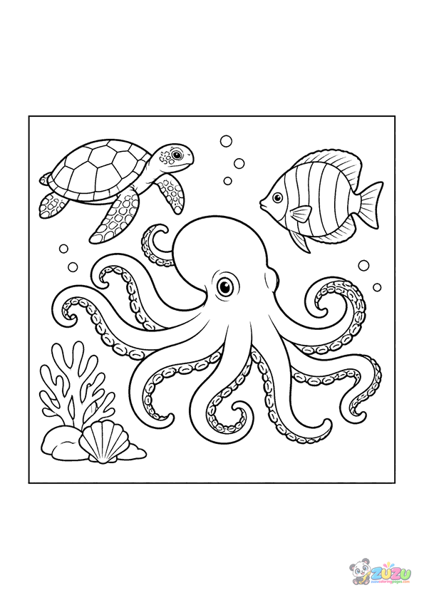 A small octopus swims with a turtle and a fish, surrounded by coral and bubbles.