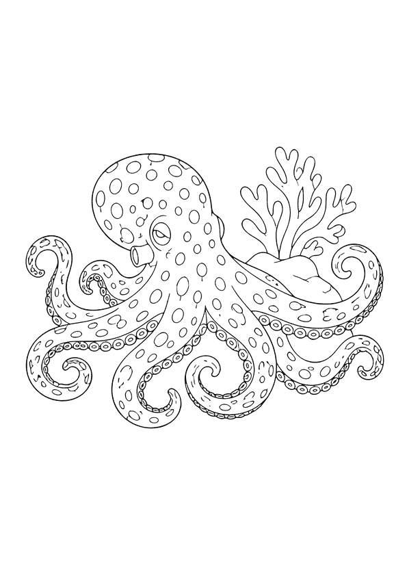 A small octopus with patterned spotted tentacles rests on the ocean floor surrounded by coral-like structures.