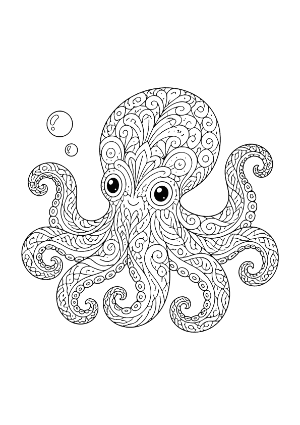 A small octopus with large eyes and swirling patterns on its body, surrounded by two bubbles.