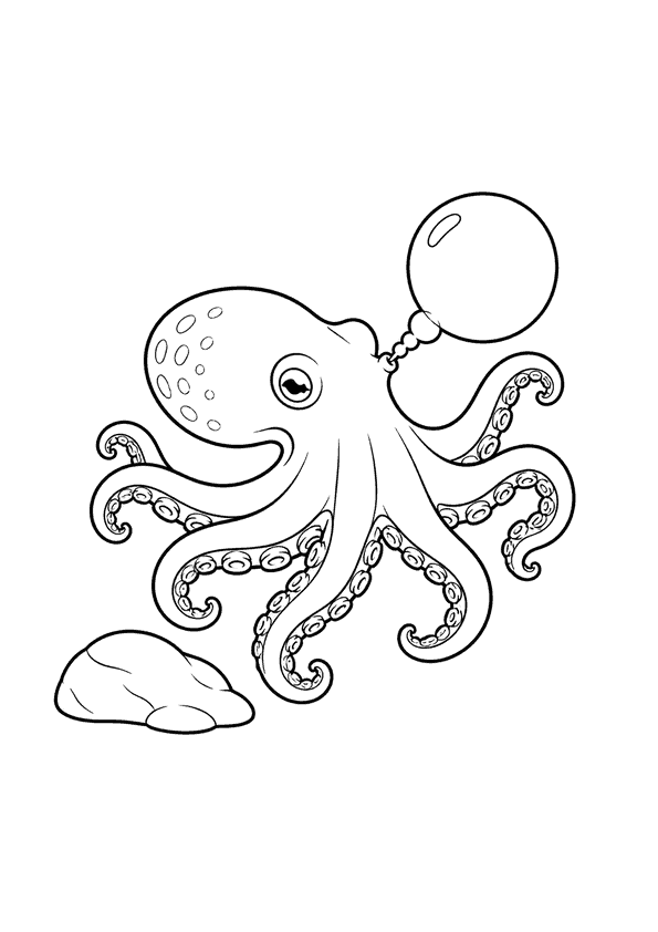 A small octopus with eight tentacles is blowing a bubble while positioned next to a rock.