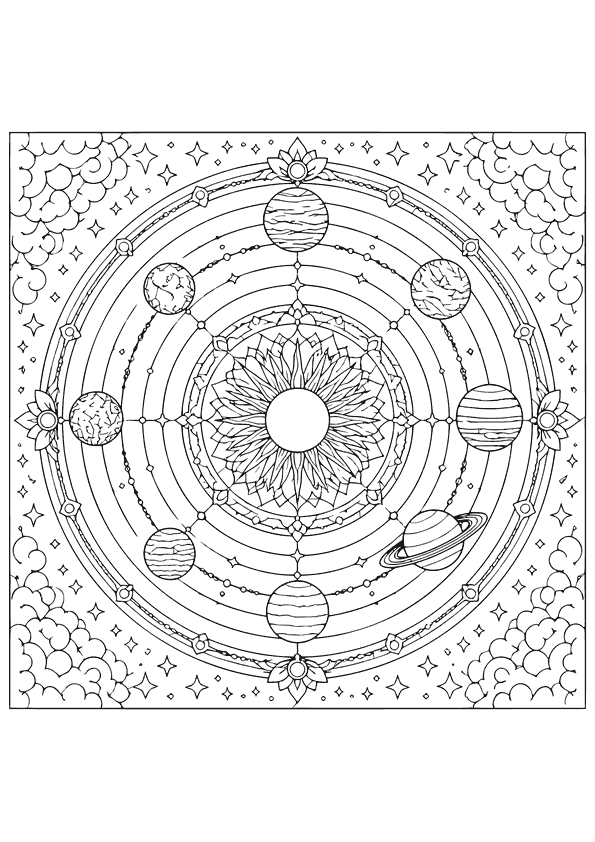 Mandala Sofisticado con un sol central y ocho planetas en órbita.