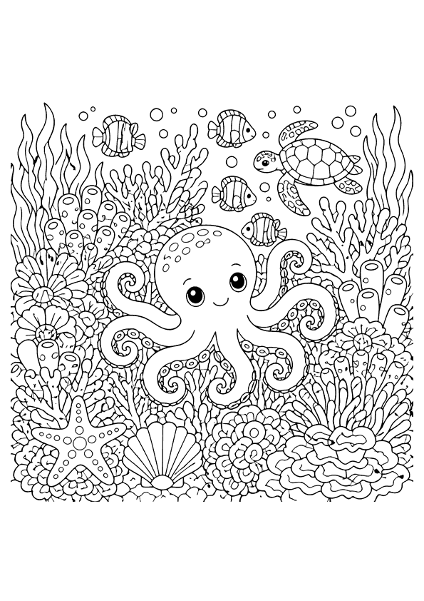 Pulpo Pequeño Pulpo lindo en arrecife de coral Pulpo pequeño sonriente en el centro de un arrecife de coral con peces y una tortuga alrededor.