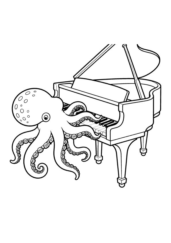 Pulpo Pequeño tocando el piano con sus tentáculos cerca de un piano de cola.